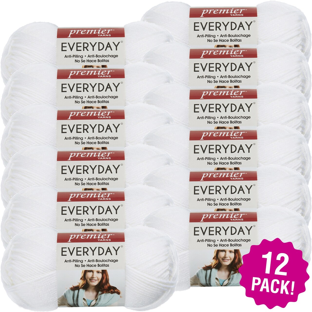 Multipack of 12 - Premier Yarns Anti-Pilling Everyday Worsted Solid Yarn-Snow White